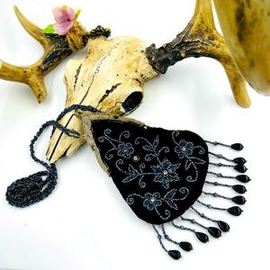 Vintage Art Deco Flapper Fringe Bag in Black Velvet w Embroidered Glass Beadwork